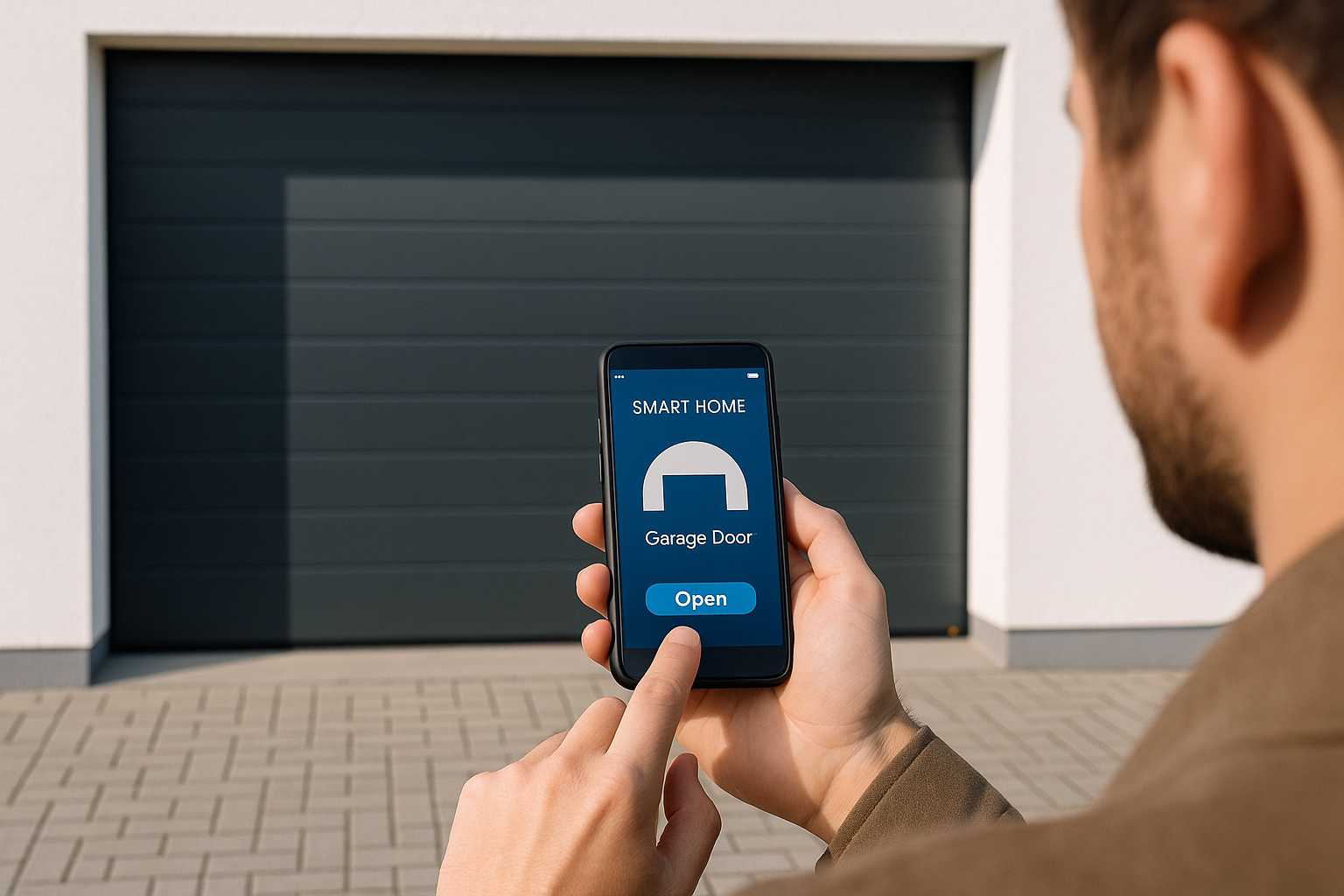 Smartphone steuert ein Garagentor per App mit SOMweb, ismartgate oder myQ als moderne Smart-Home-Nachrüstung