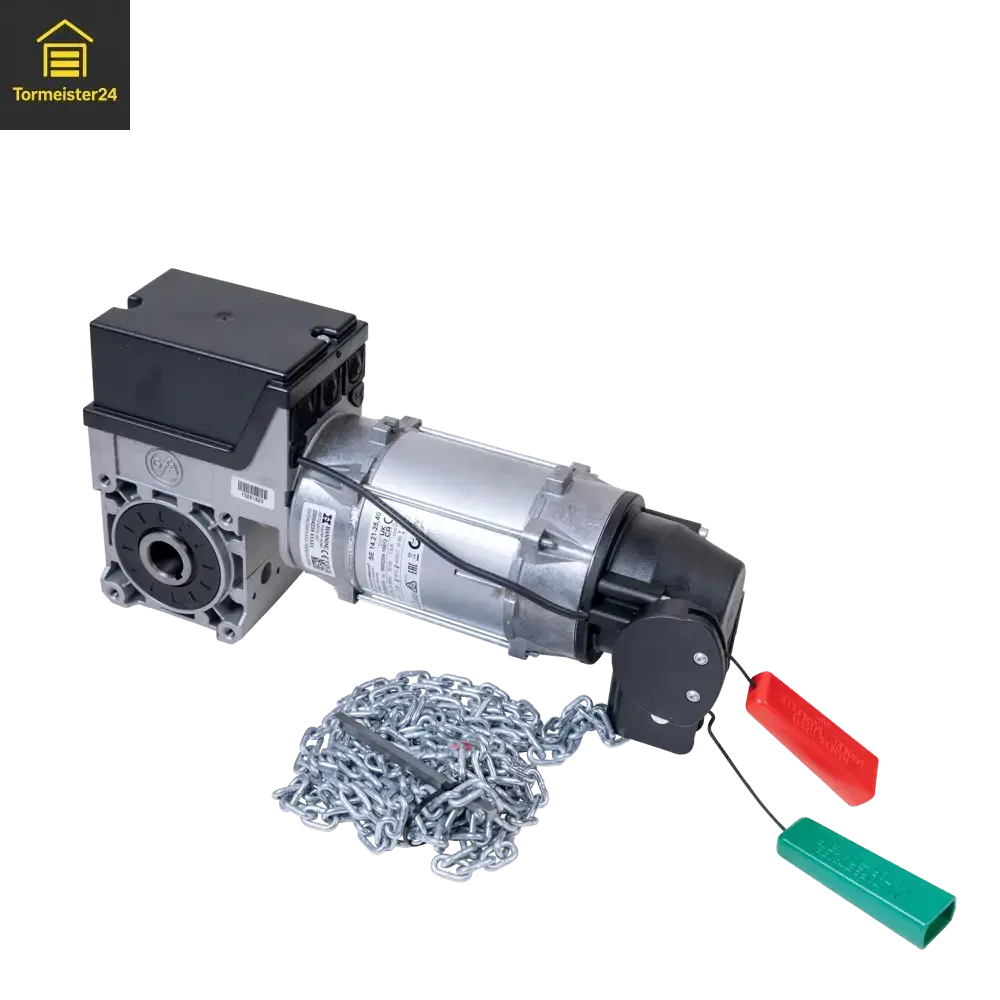 porte industrielle-motorisation avec chaîne manuelle de secours et Nothandkurbel sur un porte de hall, vorbereitet pour Stromausfall et Notbedienung avec passender GfA, MFZ ou Marantec Lösung von Tormeister24.