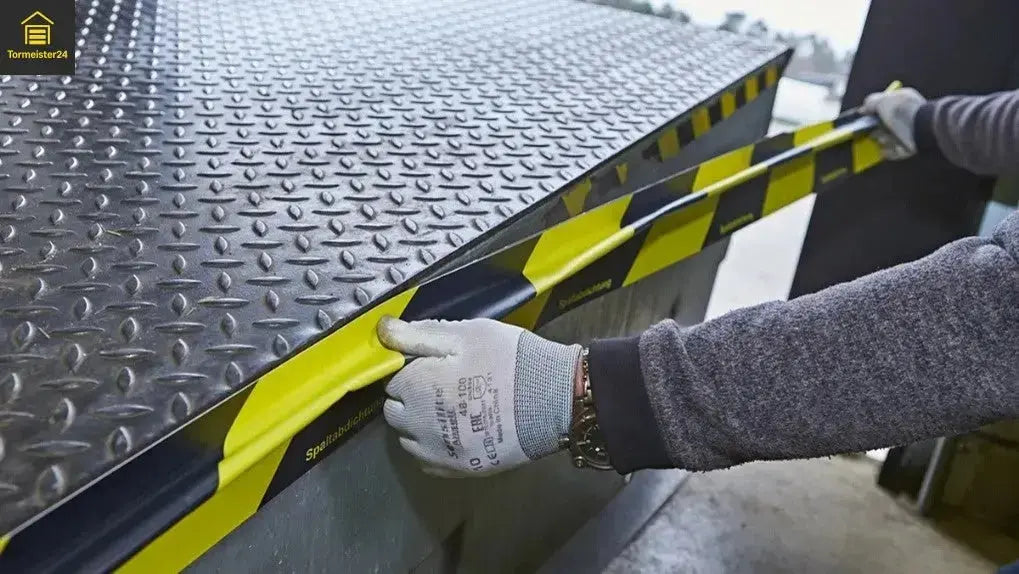Magnetische DockMag joint d’étanchéité sur d’une rampe de chargement avec noir-gelber Warnoptik gegen Zugluft, Staub et Energieverlust