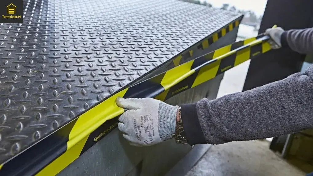 Magnetische DockMag Spaltabdichtung an einer Verladerampe mit schwarz-gelber Warnoptik gegen Zugluft, Staub und Energieverlust