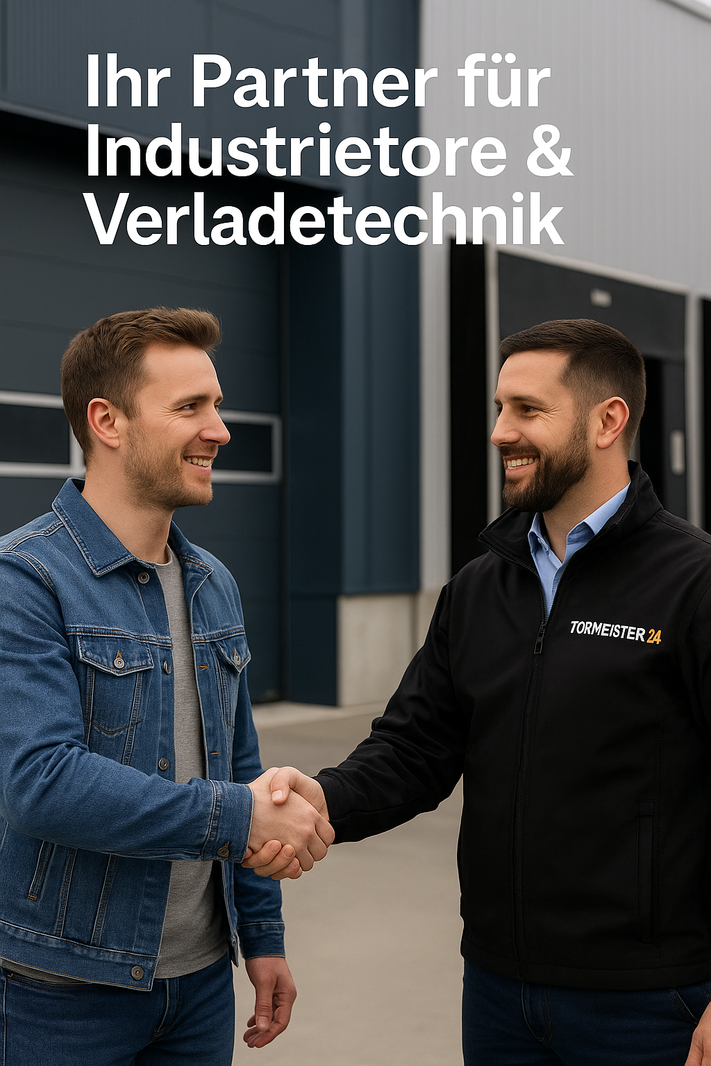 Handschlag zwischen Tormeister24-Berater und Kunde vor einer Industriehalle