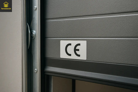 Ultrarealistische Nahaufnahme eines Garagen-Sektionaltores mit CE-Kennzeichnungs-Aufkleber auf der Innenseite