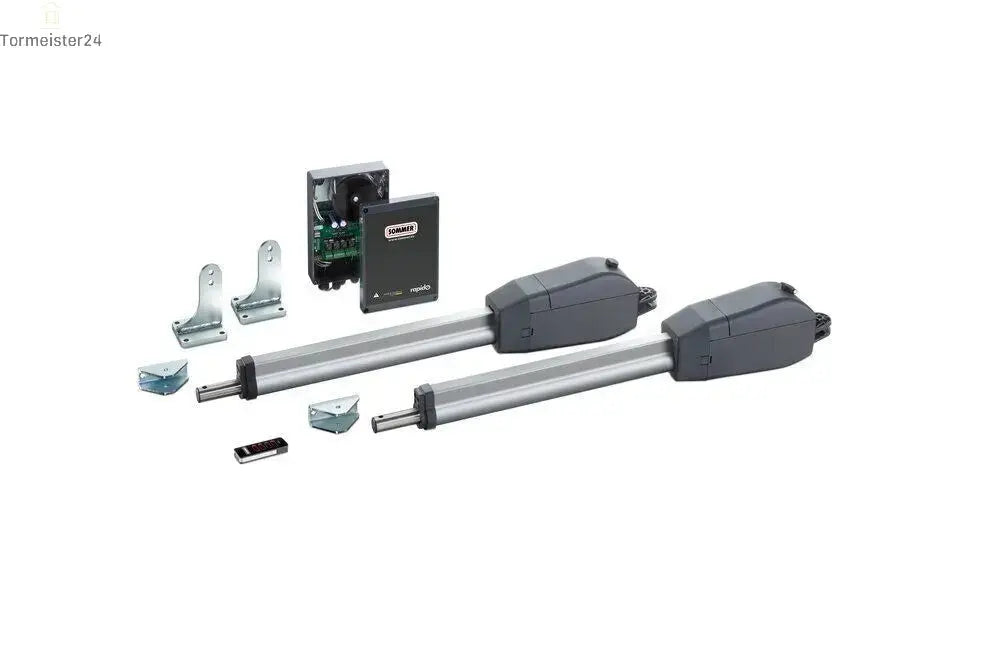 SOMMER twist 350 Drehtorantrieb kit pour zweiflügelige Hoftore bis 4 m ou 700 kg je Torflügel avec DTA-1 commande, SOMloq2 Funktechnik, émetteur portatif, Softlauf et Gehtürfunktion.