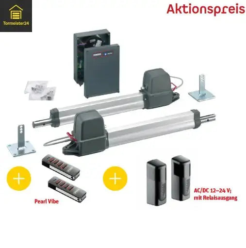 Zweiflügeliges Einfahrtstor avec nachgerüstetem Drehtorantrieb, barrière photoélectrique et Warnlicht als komfortable Torautomation von Tormeister24.
