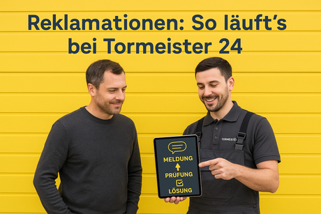 Tormeister24 Blog: Kunde steht vor Garagentor, Techniker zeigt entspannt auf Tablet mit Reklamationsablauf in Gelb und Anthrazit