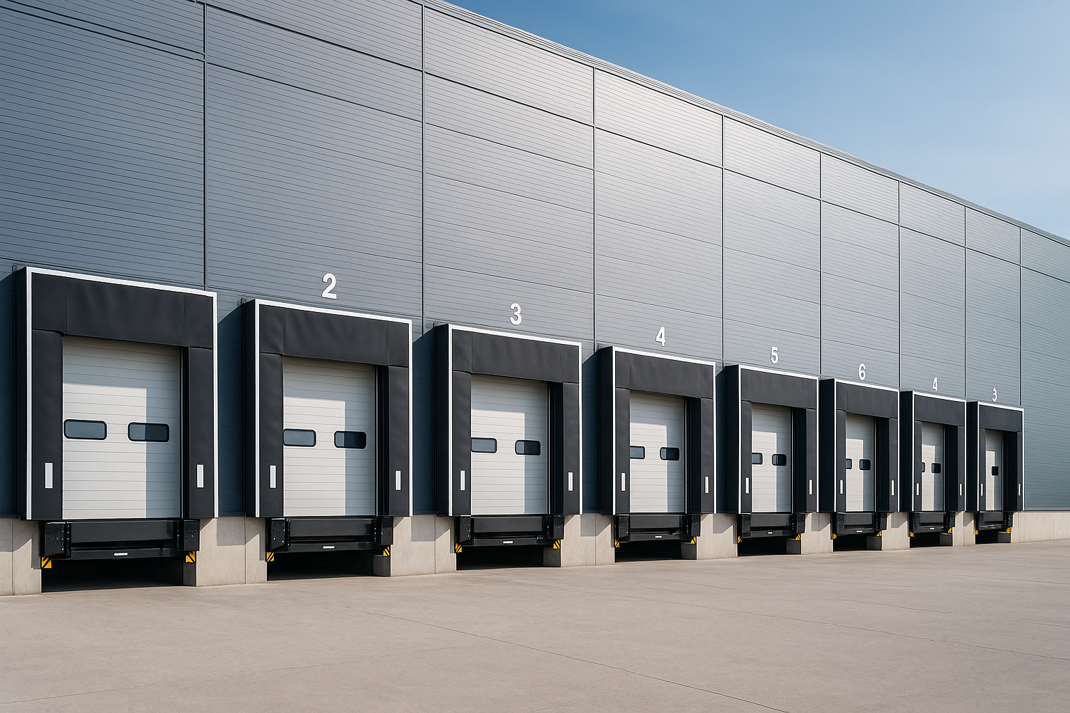 Logistikhalle mit mehreren Industrietoren und Verladebrücken in Reihe