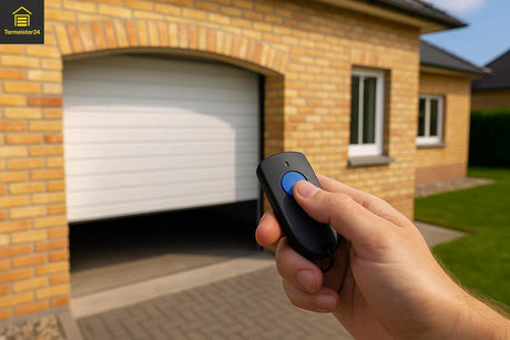 Monteur prüft Reichweite mit Handsender und Tor