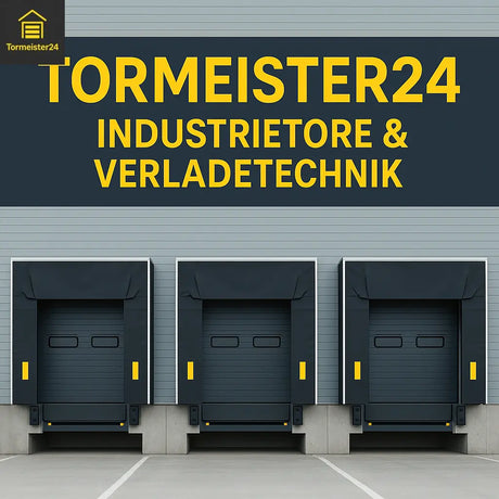 Logistikhalle mit mehreren Industrietoren und Verladebrücken in Reihe bei Tageslicht