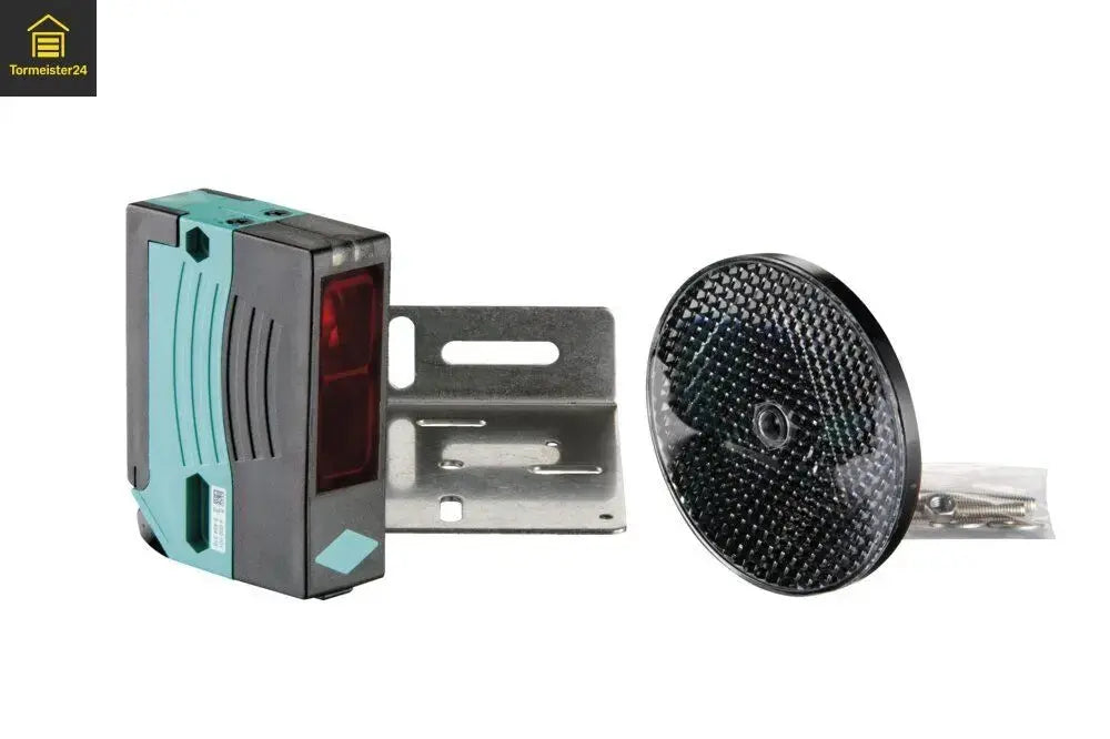 barrière photoélectrique sur un automatischen porte avec Sender, récepteur, Reflektor et commande de porte zur sicheren Hinderniserkennung chez porte de garage, portail coulissant, porte sectionnelle et porte industrielle.
