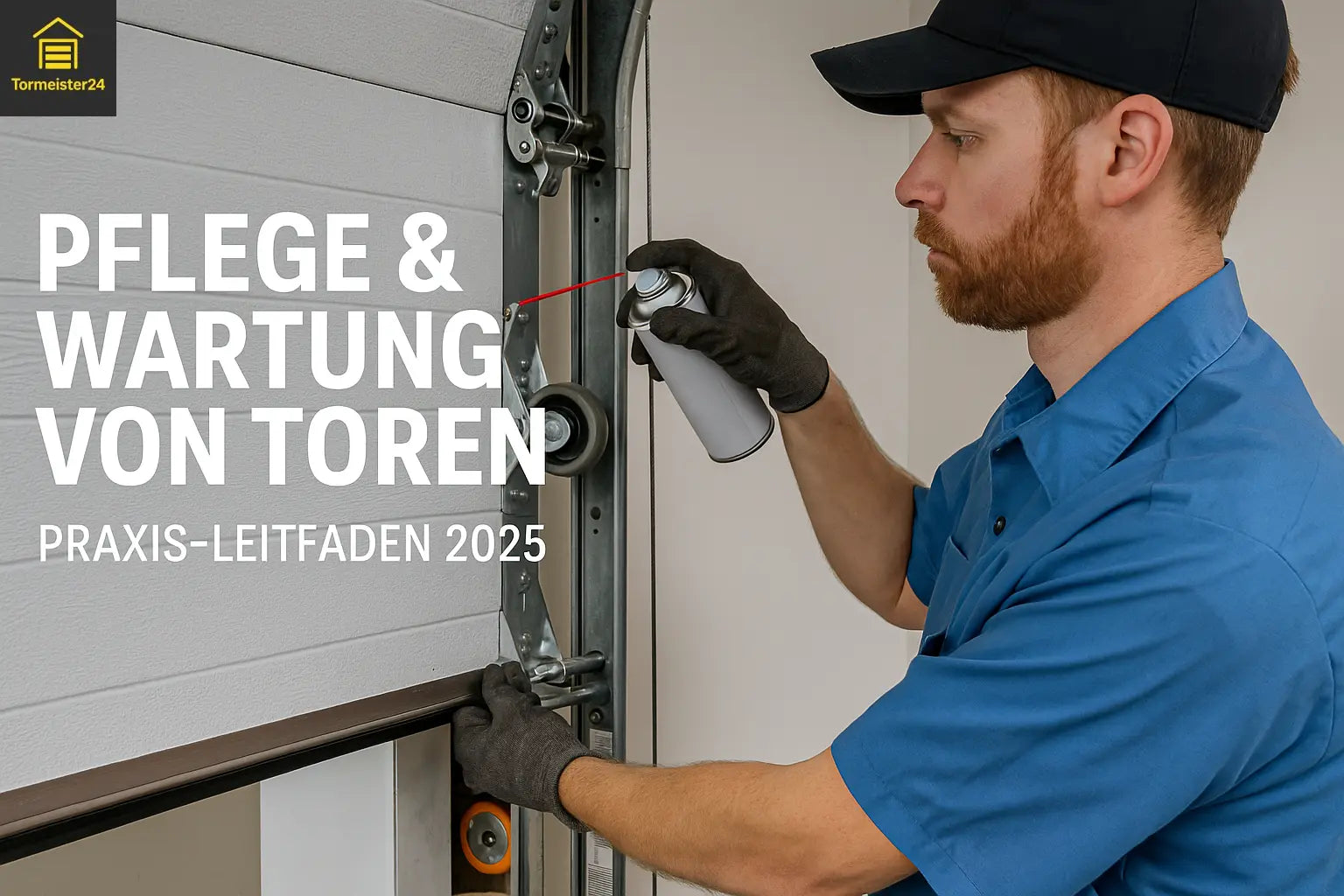 Mann überprüft Laufrollen und Scharniere an einem Garagen-Sektionaltor mit Taschenlampe – Wartung für lange Lebensdauer