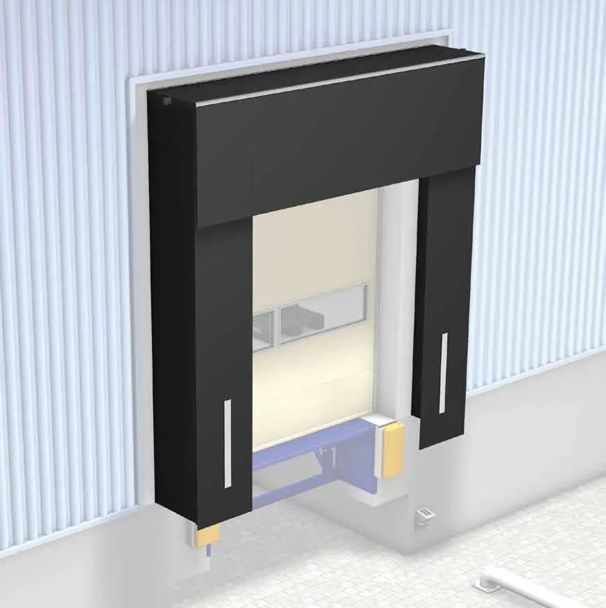 abri de quai komplett 3450×3400 mm als Dock Shelter avec integrierter Regenrinne, Seitenklappen, Topklappe et weißen Sichtstreifen pour wettergeschützte Laderampen et professionelle Verladezonen.