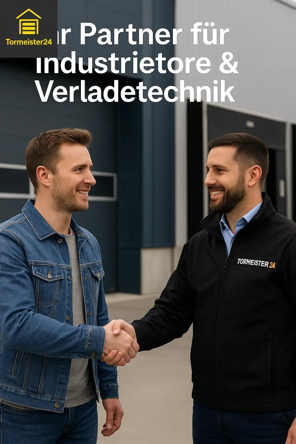 Handschlag zwischen Tormeister24-Berater und Kunde vor einer Industriehalle