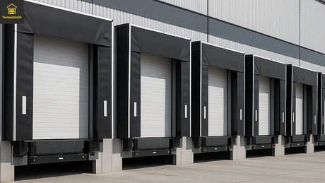 Verladetechnik in Logistikhalle mit mehreren Industrietoren und Rampen