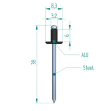 Blindniete 3,2 x 6 mm Schwarz ALU/STAHL Schweighöfer Tore