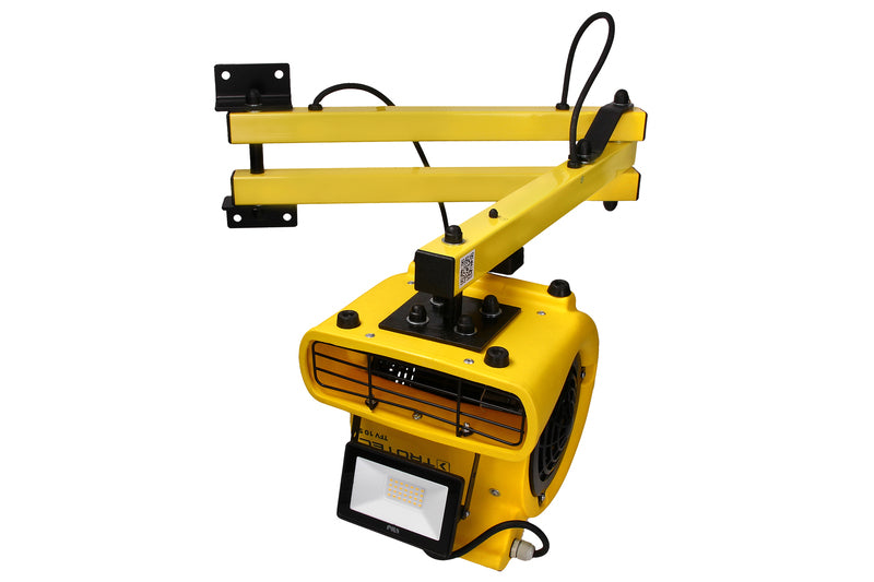 Ventilateur de quai Brite Lite 355 avec bras pivotant jaune, ventilateur intégré et projecteur LED pour quais de chargement industriels